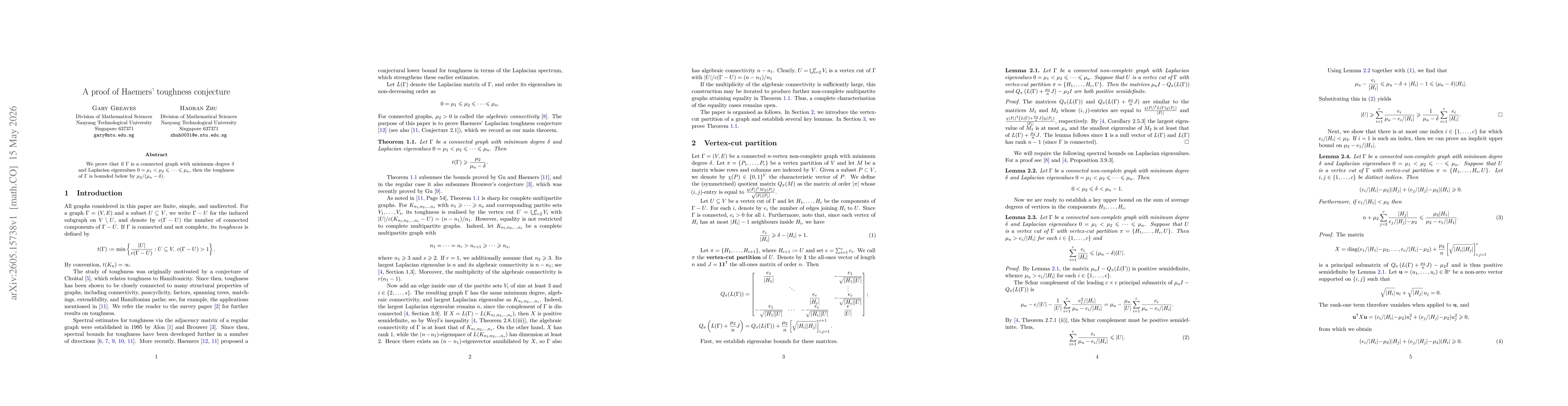 Thumbnail for A proof of Haemers' toughness conjecture