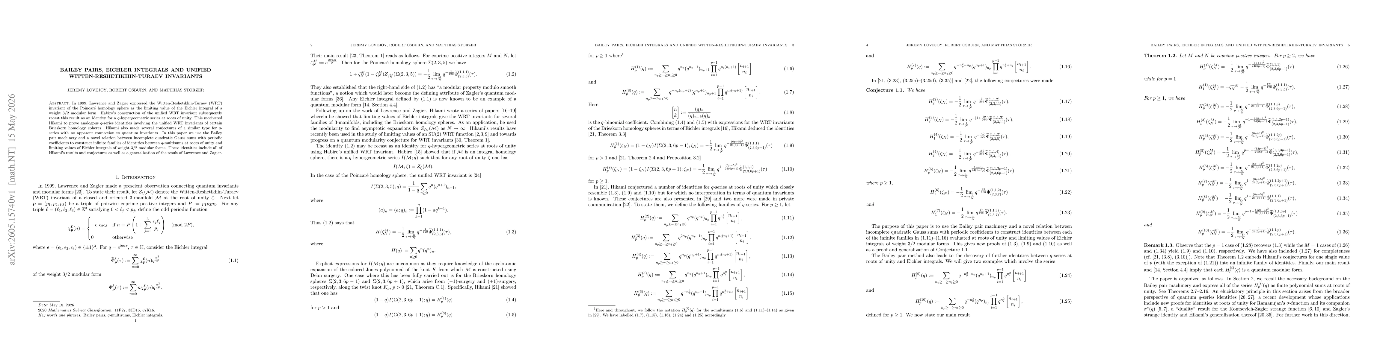 Thumbnail for Bailey pairs, Eichler integrals and unified Witten-Reshetikhin-Turaev invariants