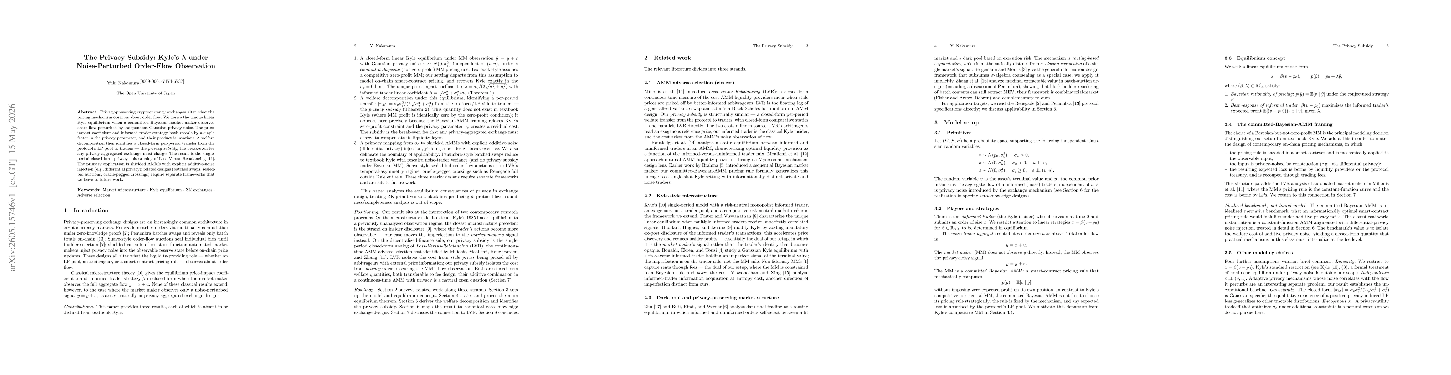 Thumbnail for The Privacy Subsidy: Kyle's $λ$ under Noise-Perturbed Order-Flow Observation