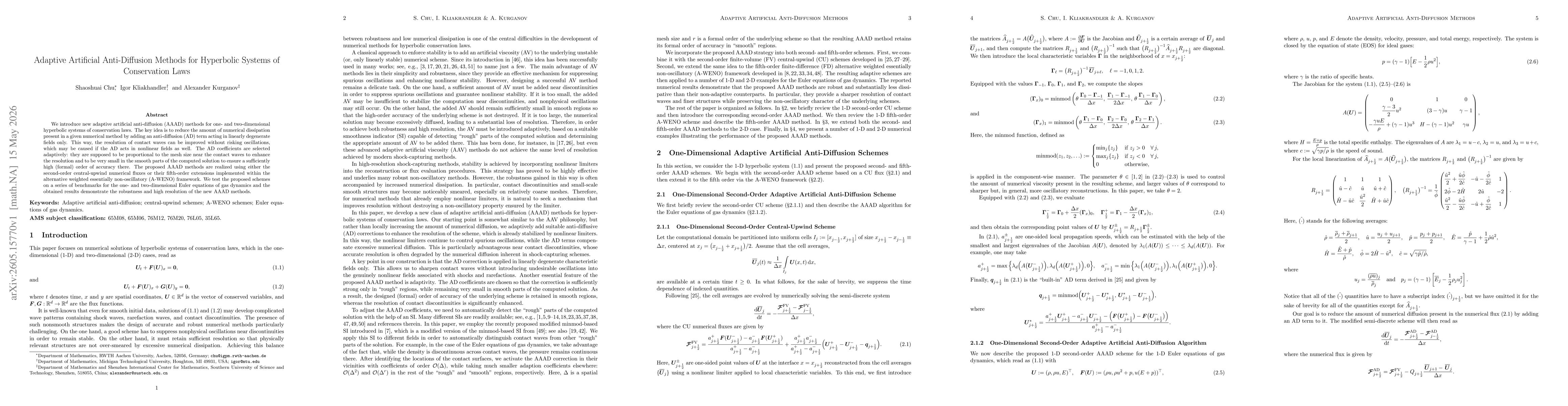 Thumbnail for Adaptive Artificial Anti-Diffusion Methods for Hyperbolic Systems of Conservation Laws