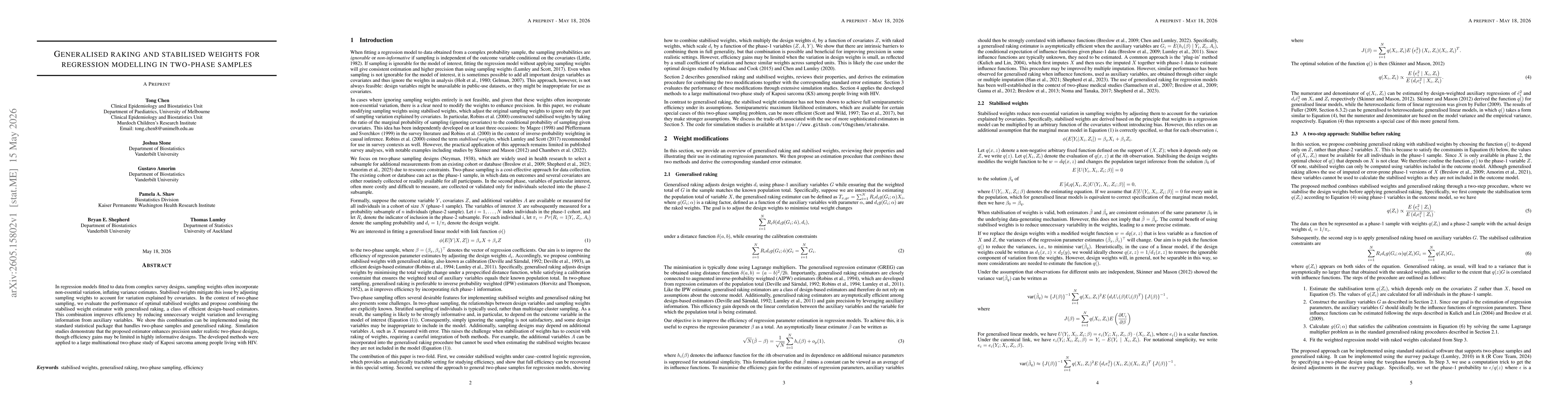 Thumbnail for Generalized raking and stabilized weights for regression modeling in two-phase samples