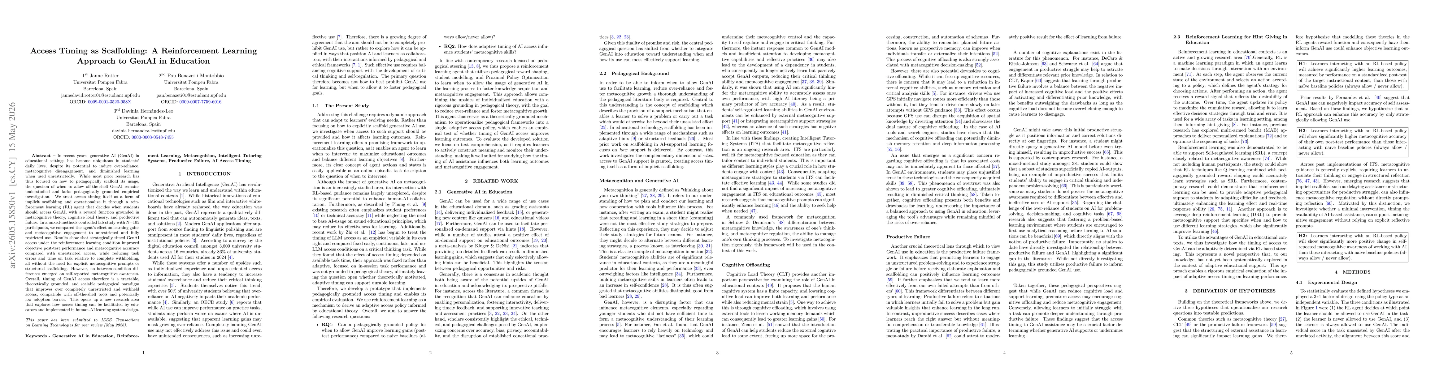 Thumbnail for Access Timing as Scaffolding: A Reinforcement Learning Approach to GenAI in Education