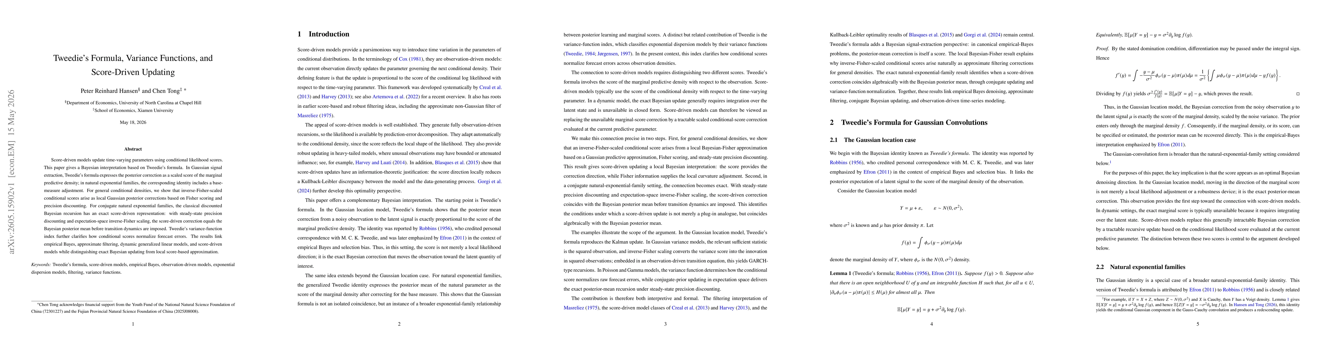 Thumbnail for Tweedie's Formula, Variance Functions, and Score-Driven Updating