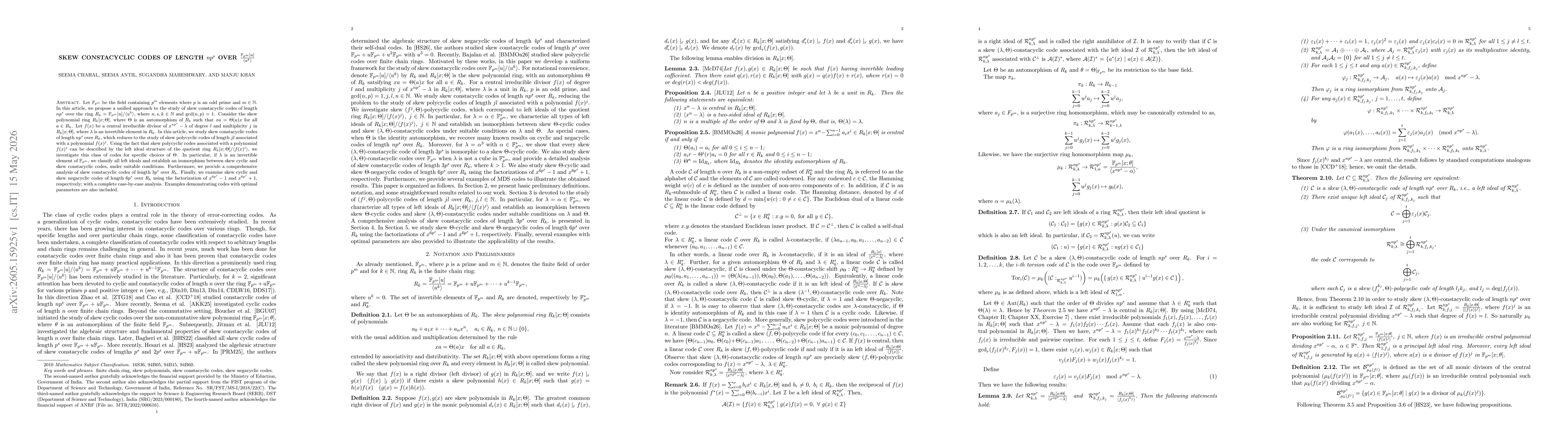 Thumbnail for Skew Constacyclic Codes Of Length $np^s$ over $ \frac{\mathbb{F}_{p^m}[u]}{\langle u^k \rangle}
