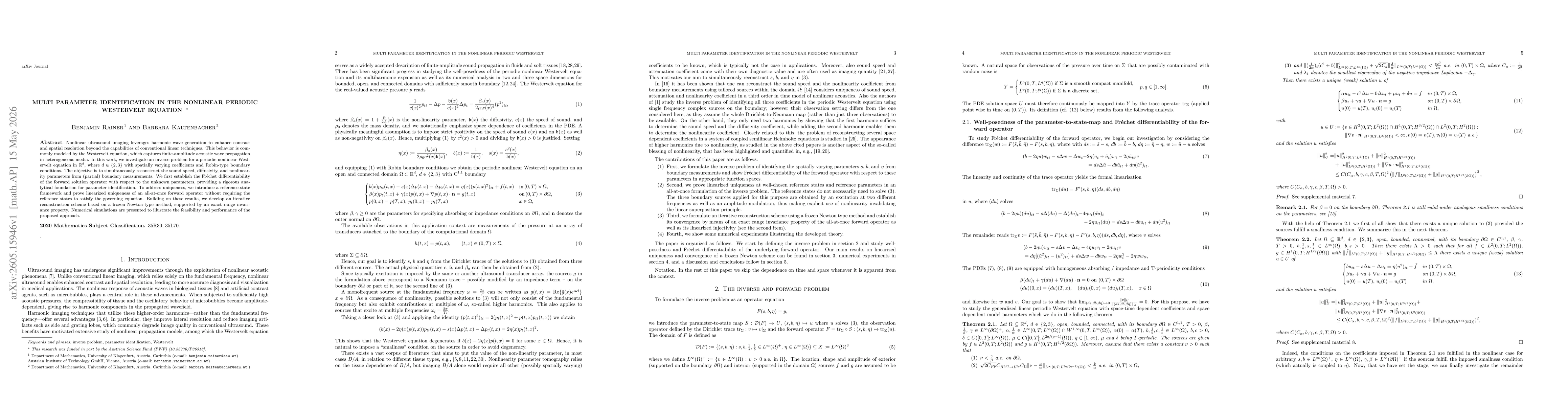 Thumbnail for Multi parameter identification in the nonlinear periodic Westervelt equation