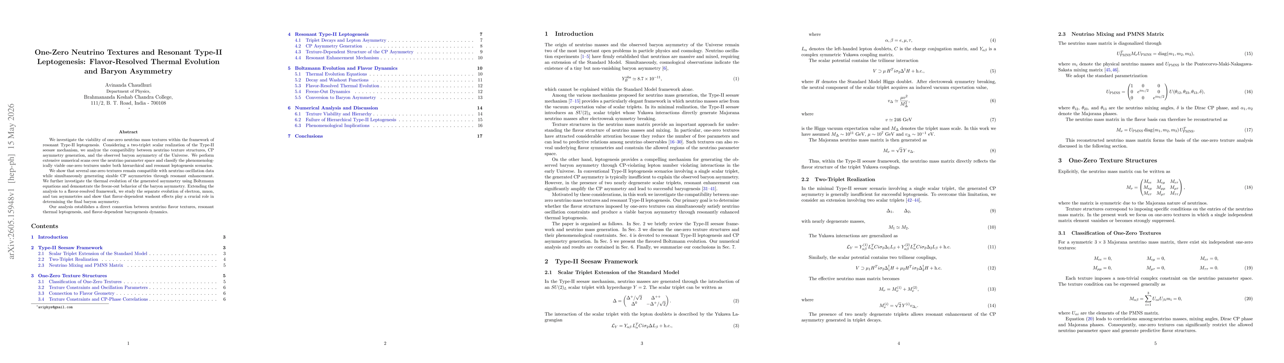 Thumbnail for One-Zero Neutrino Textures and Resonant Type-II Leptogenesis: Flavor-Resolved Thermal Evolution and Baryon Asymmetry