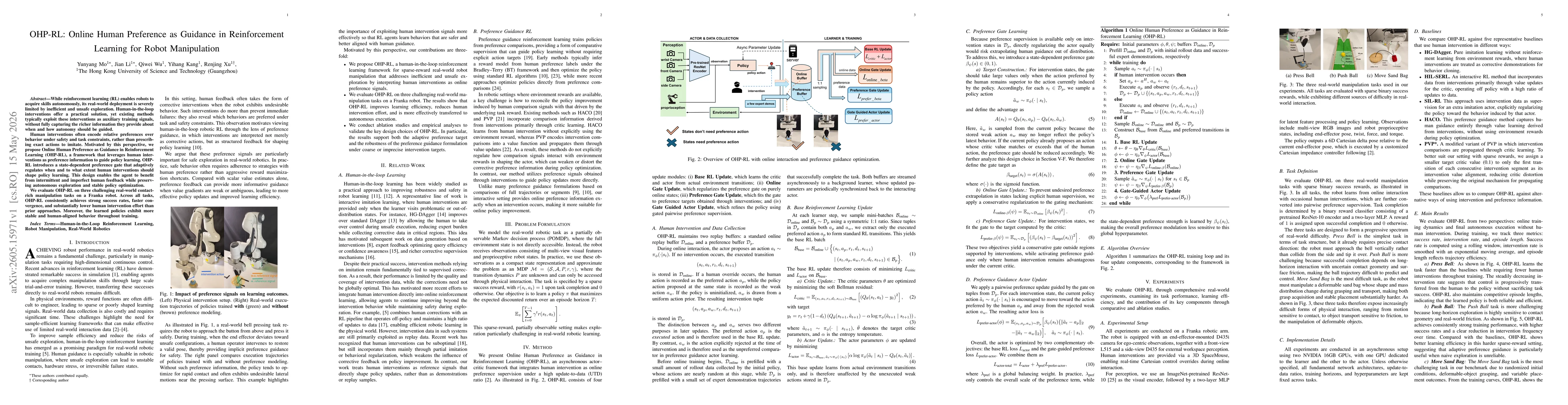 Thumbnail for OHP-RL: Online Human Preference as Guidance in Reinforcement Learning for Robot Manipulation