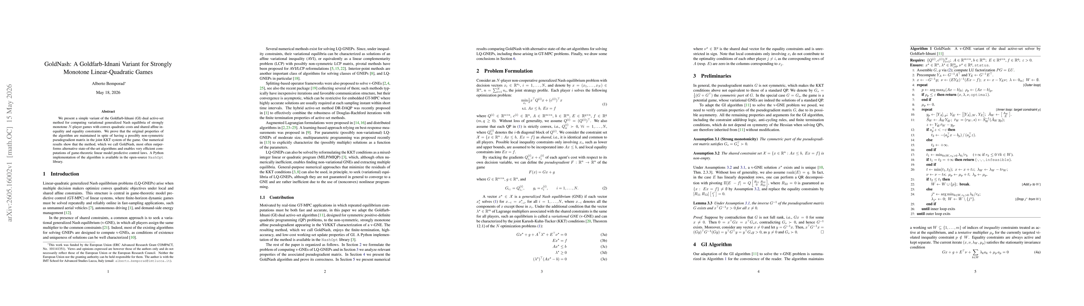 Thumbnail for GoldNash: A Goldfarb-Idnani Variant for Strongly Monotone Linear-Quadratic Games