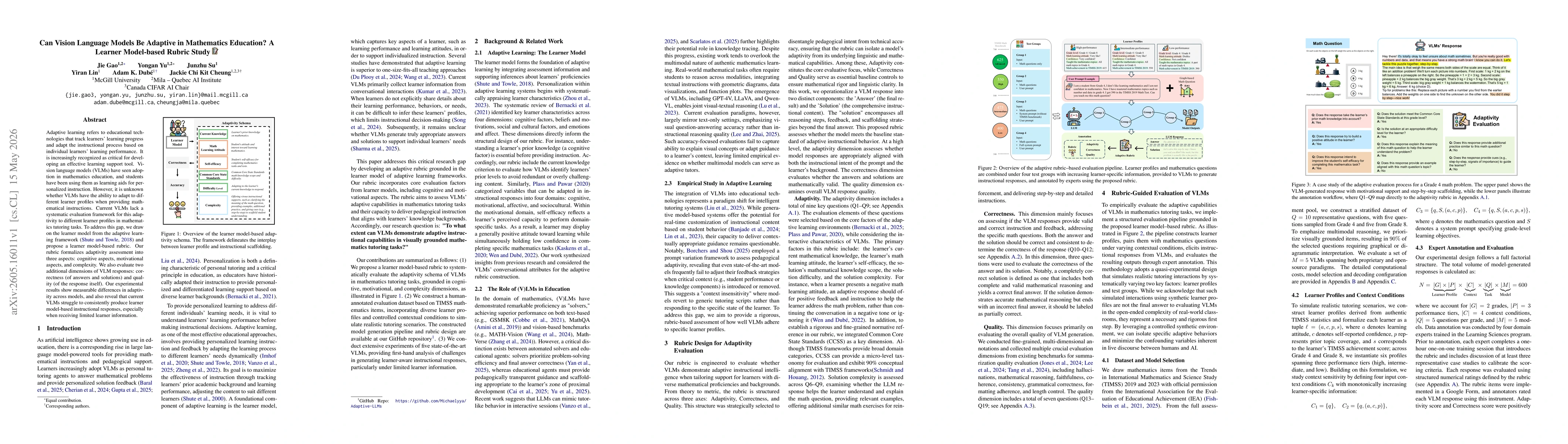 Thumbnail for Can Vision Language Models Be Adaptive in Mathematics Education? A Learner Model-based Rubric Study
