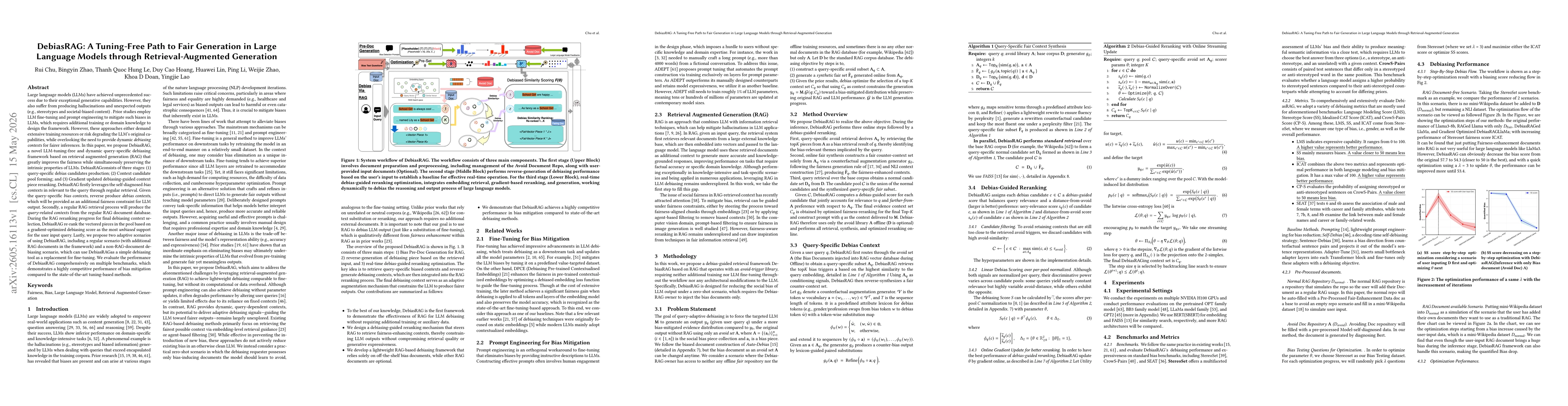 Thumbnail for DebiasRAG: A Tuning-Free Path to Fair Generation in Large Language Models through Retrieval-Augmented Generation