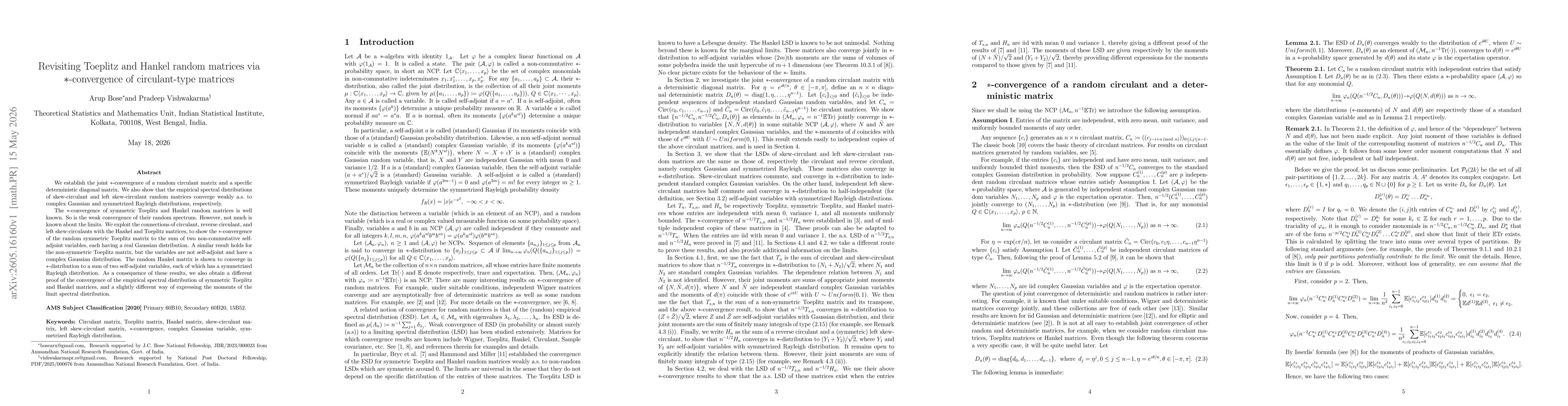 Thumbnail for Revisiting Toeplitz and Hankel random matrices via $*$-convergence of circulant-type matrices