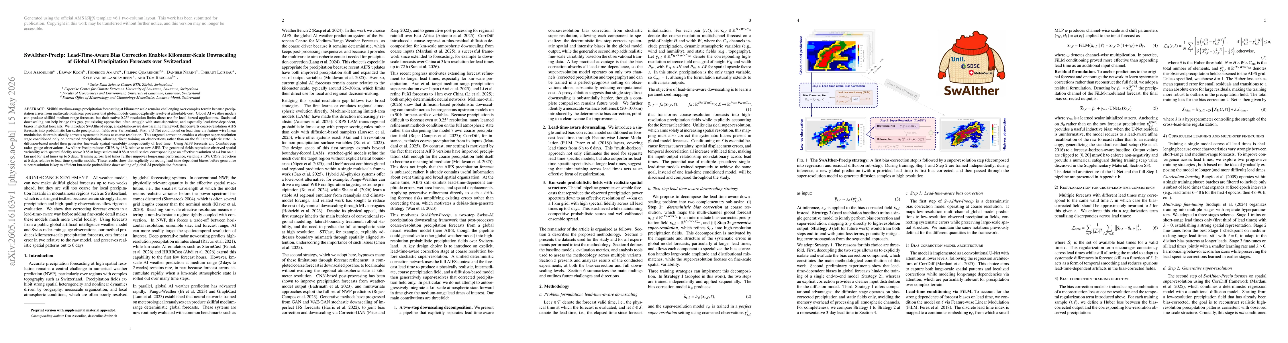 Thumbnail for SwAIther-Precip: Lead-Time-Aware Bias Correction Enables Kilometer-Scale Downscaling of Global AI Precipitation Forecasts over Switzerland