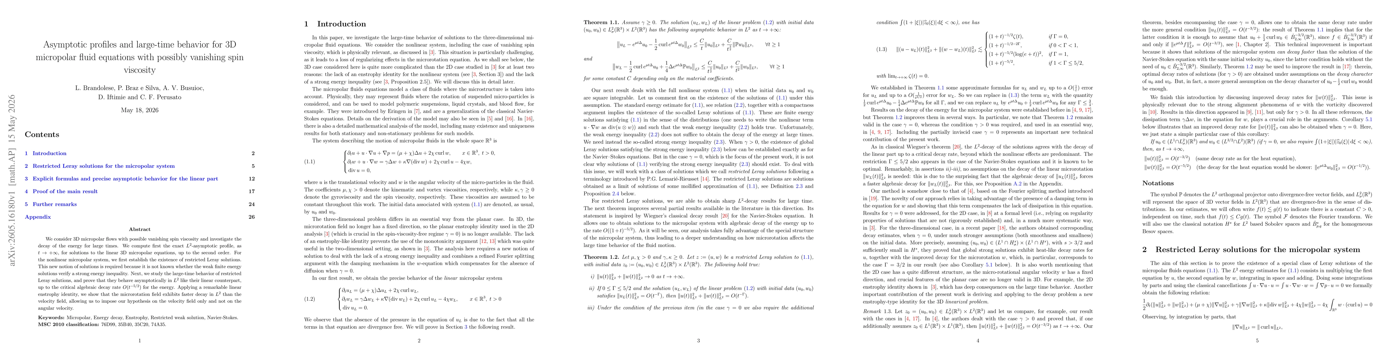 Thumbnail for Asymptotic profiles and large-time behavior for 3D micropolar fluid equations with possibly vanishing spin viscosity