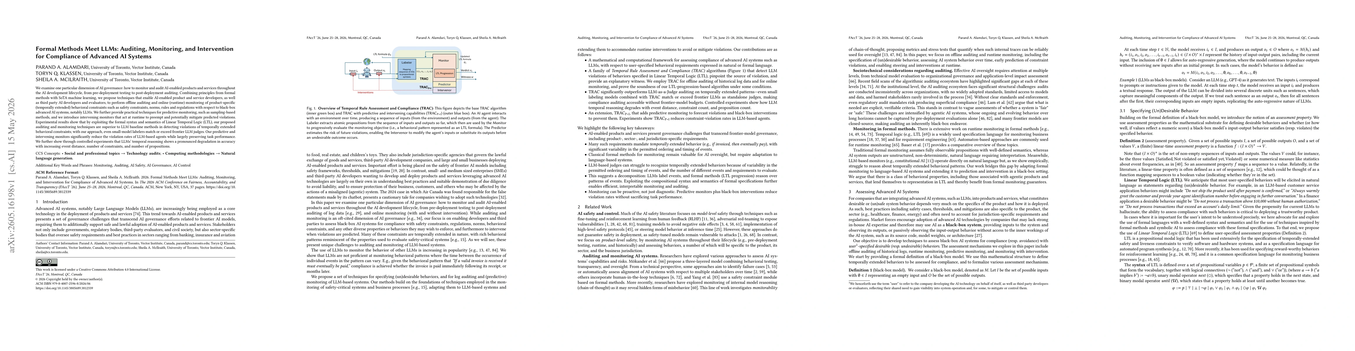 Thumbnail for Formal Methods Meet LLMs: Auditing, Monitoring, and Intervention for Compliance of Advanced AI Systems
