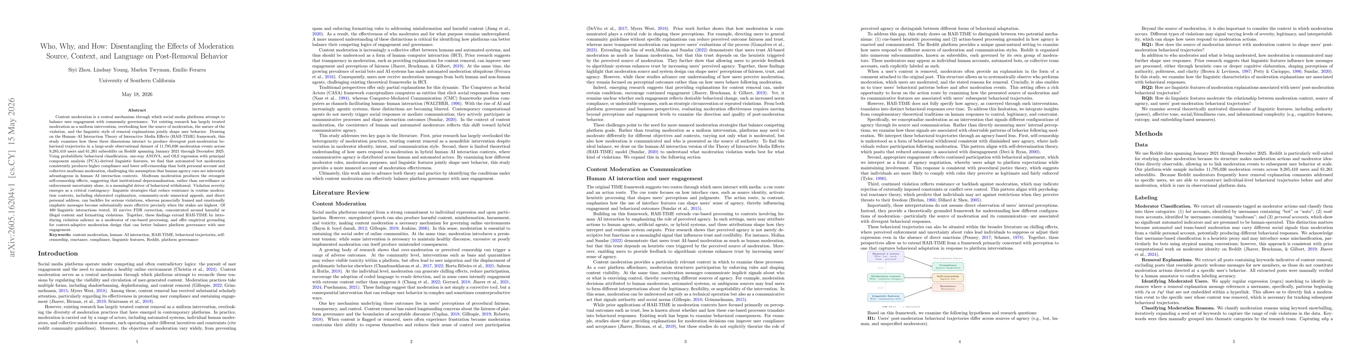 Thumbnail for Who, Why, and How: Disentangling the Effects of Moderation Source, Context, and Language on Post-Removal Behavior