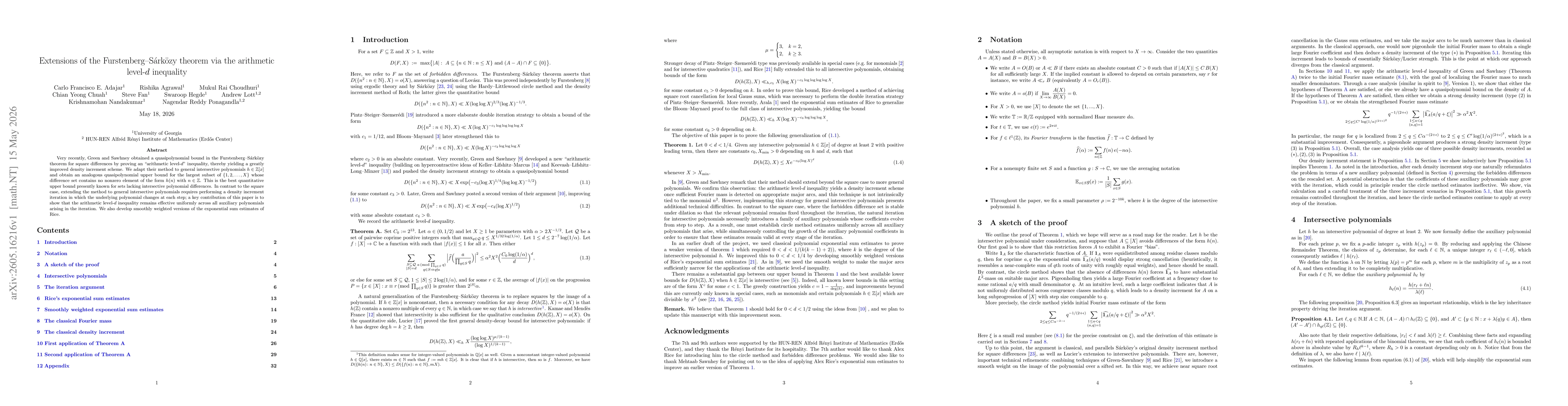 Thumbnail for Extensions of the Furstenberg-Sárközy theorem via the arithmetic level-$d$ inequality