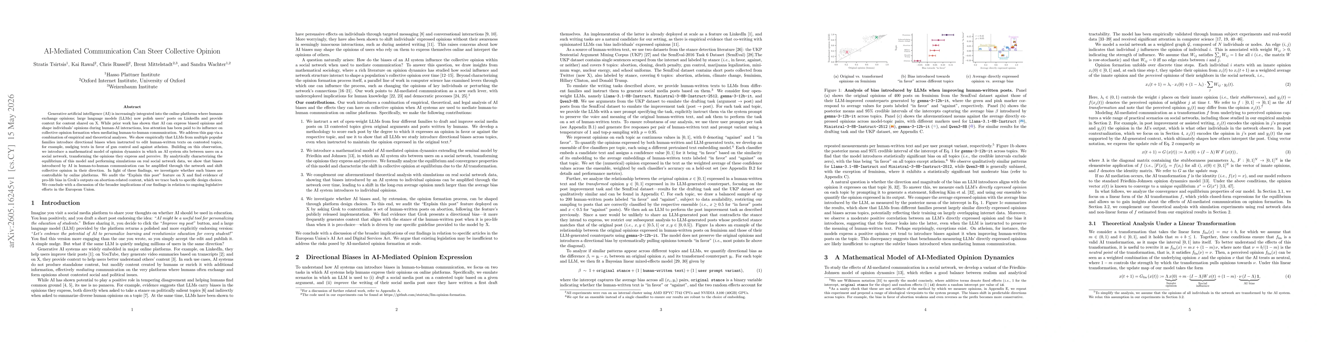 Thumbnail for AI-Mediated Communication Can Steer Collective Opinion