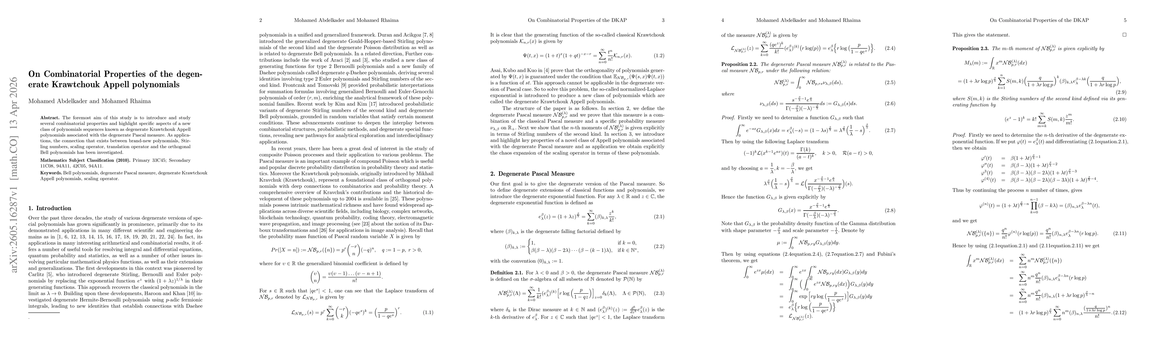 Thumbnail for On Combinatorial Properties of the degenerate Krawtchouk Appell polynomials