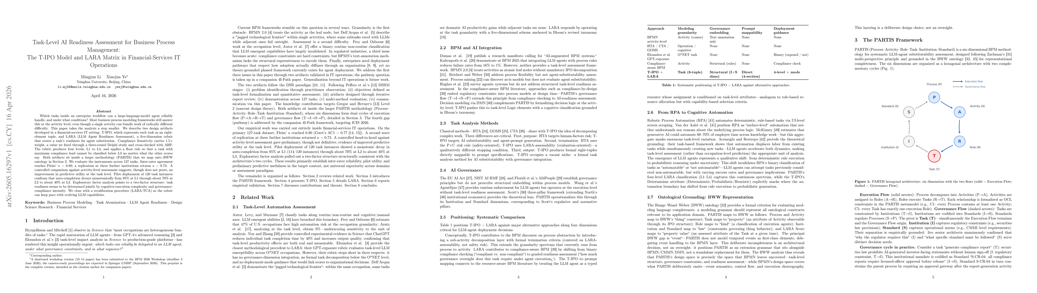 Thumbnail for Task-Level AI Readiness Assessment for Business Process Management:The T-IPO Model and LARA Matrix in Financial-Services IT Operations