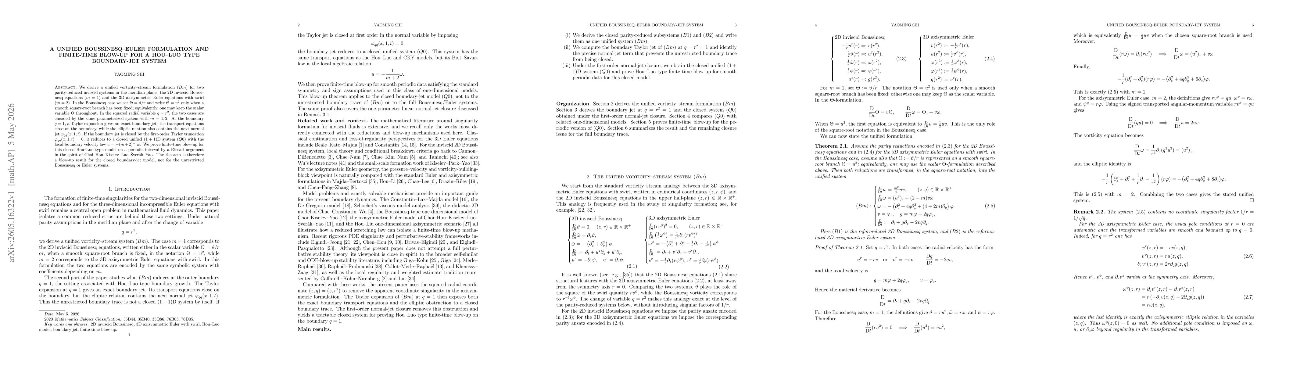 Thumbnail for A unified Boussinesq--Euler formulation and finite-time blow-up for a Hou--Luo type boundary-jet system