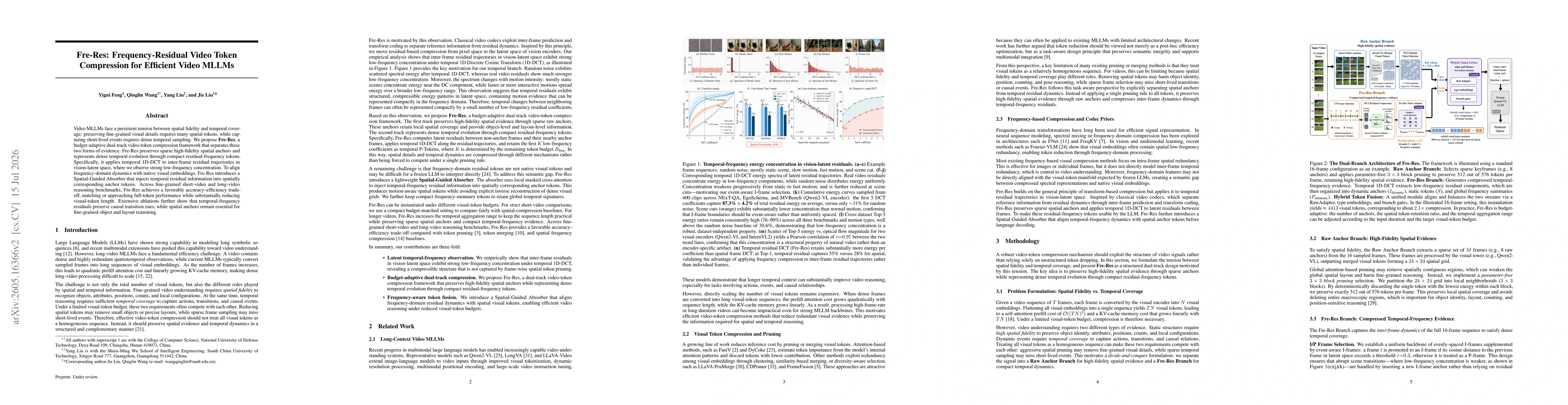 Thumbnail for Fre-Res: Frequency-Residual Video Token Compression for Efficient Video MLLMs