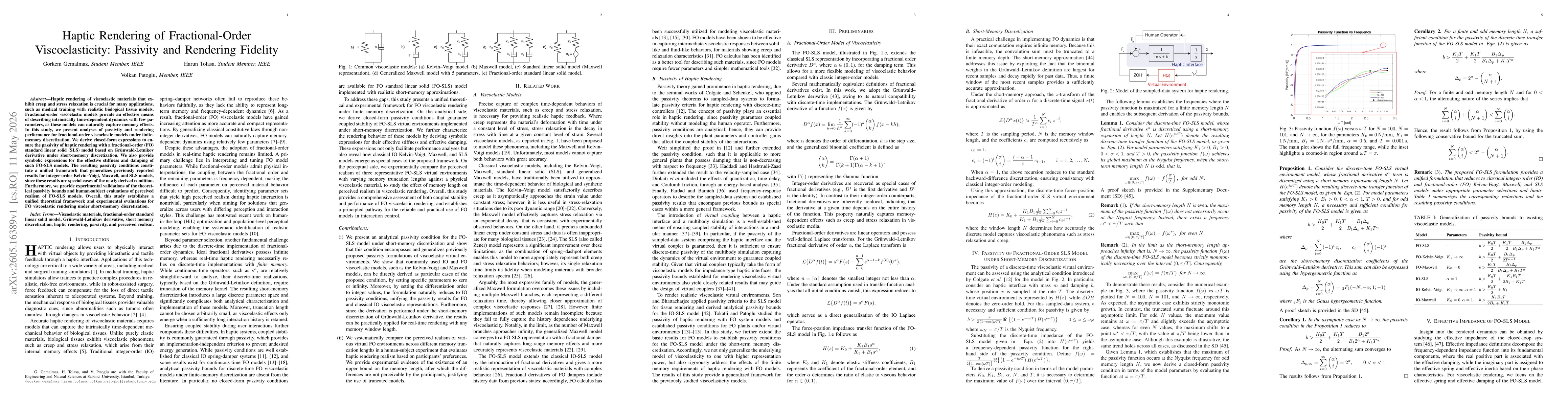 Thumbnail for Haptic Rendering of Fractional-Order Viscoelasticity: Passivity and Rendering Fidelity