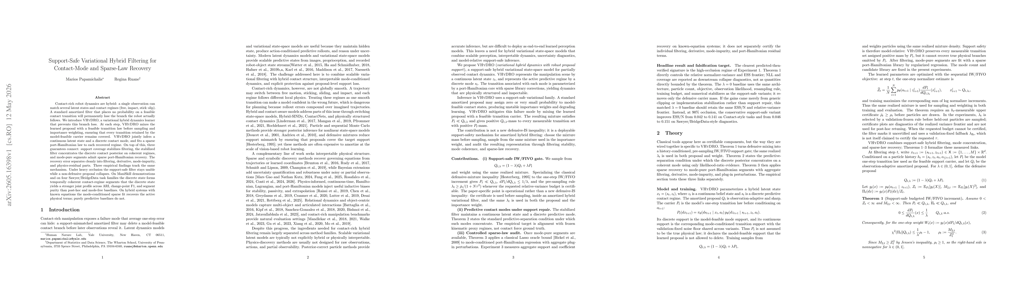 Thumbnail for Support-Safe Variational Hybrid Filtering for Contact-Mode and Sparse-Law Recovery