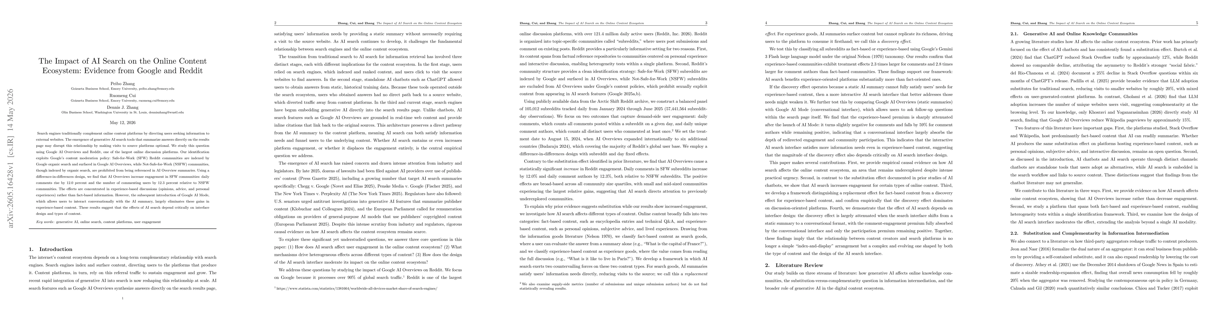 Thumbnail for The Impact of AI Search on the Online Content Ecosystem: Evidence from Google and Reddit