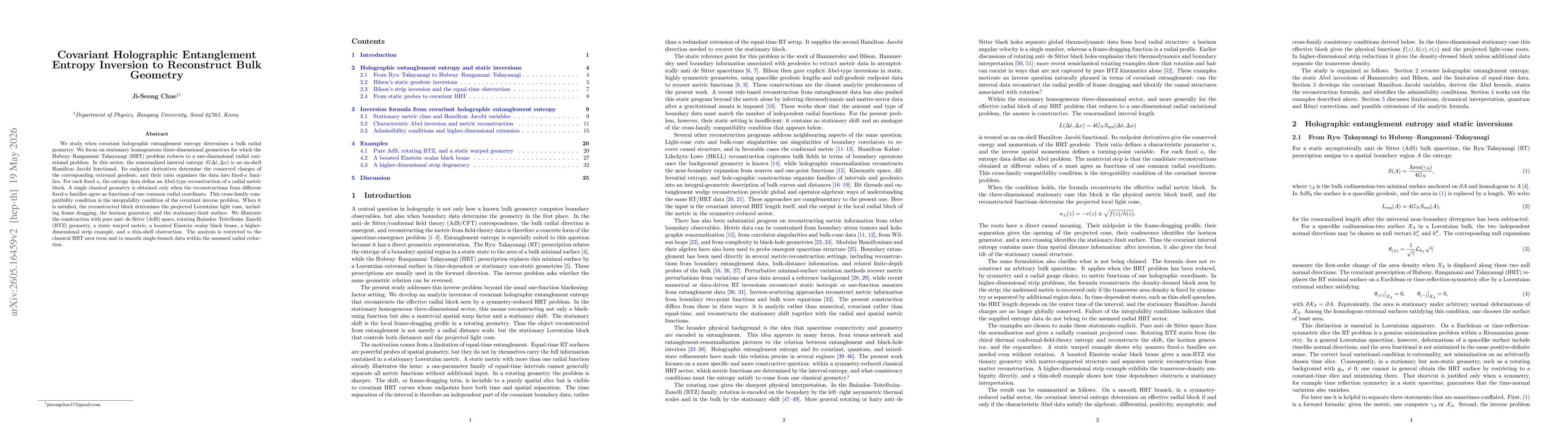 Thumbnail for Covariant Holographic Entanglement Entropy Inversion to Reconstruct Bulk Geometry