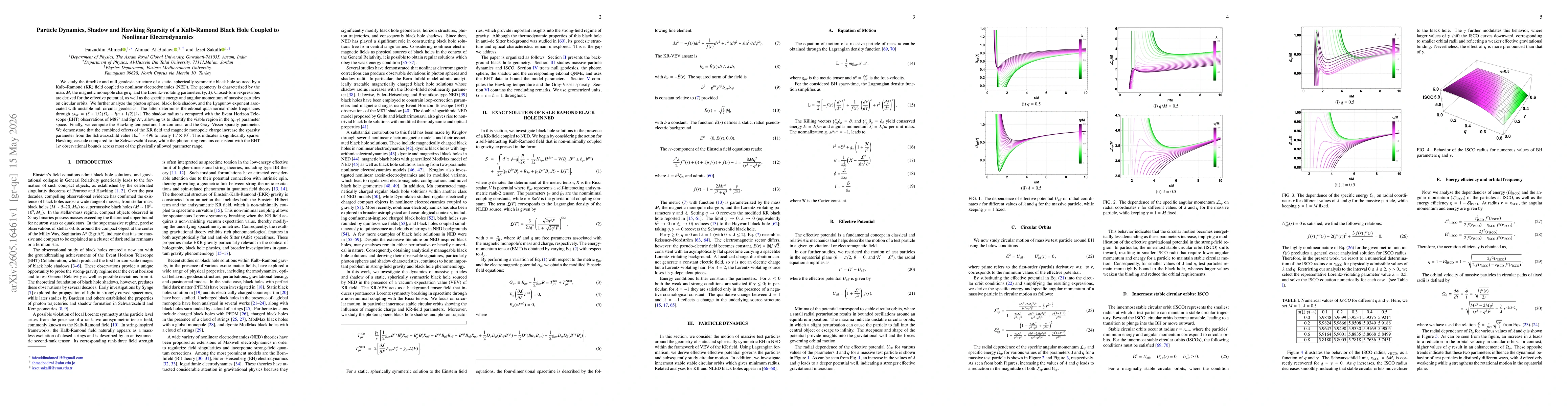 Thumbnail for Particle Dynamics, Shadow and Hawking Sparsity of a Kalb-Ramond Black Hole Coupled to Nonlinear Electrodynamics