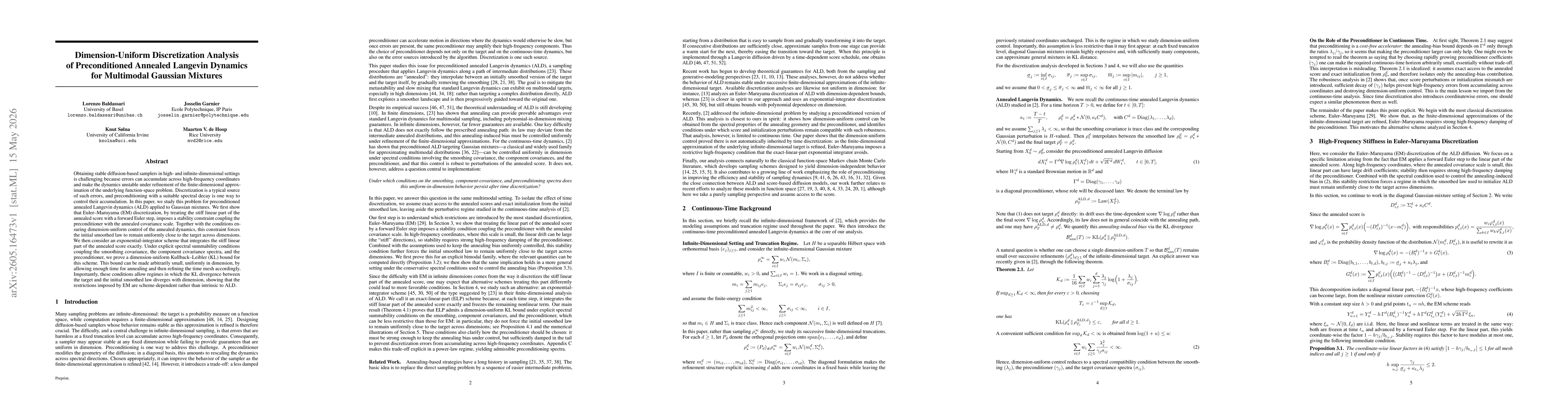 Thumbnail for Dimension-Uniform Discretization Analysis of Preconditioned Annealed Langevin Dynamics for Multimodal Gaussian Mixtures
