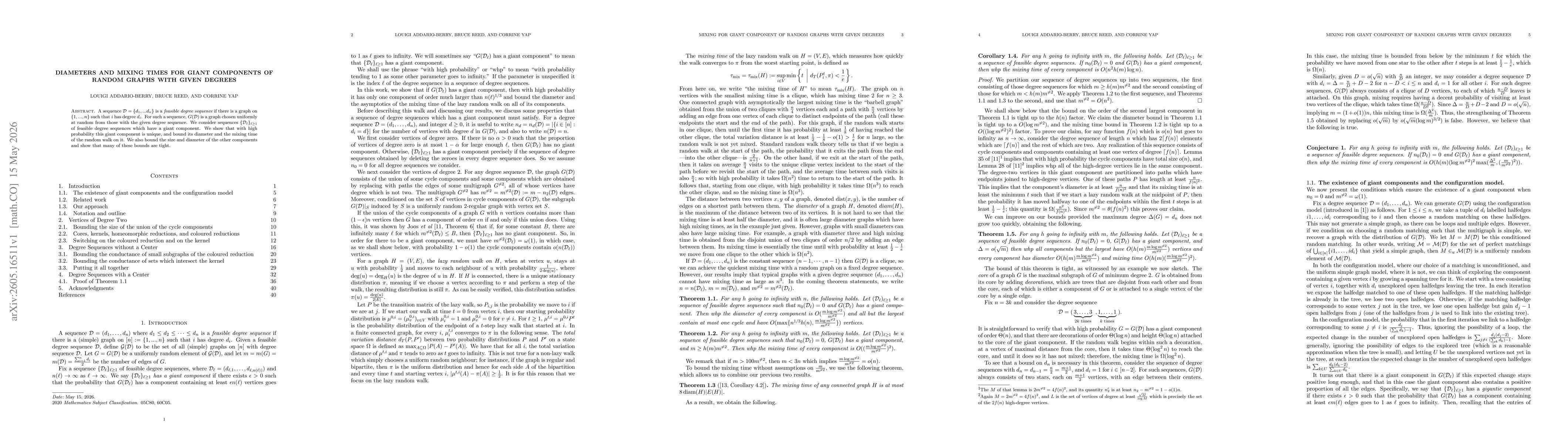Thumbnail for Diameters and mixing times for giant components of random graphs with given degrees