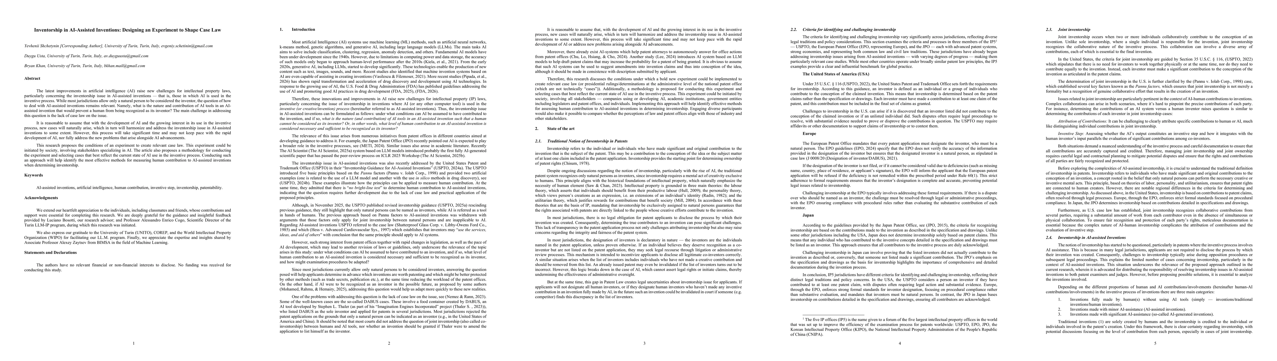 Thumbnail for Inventorship in AI-Assisted Inventions: Designing an Experiment to Shape Case Law
