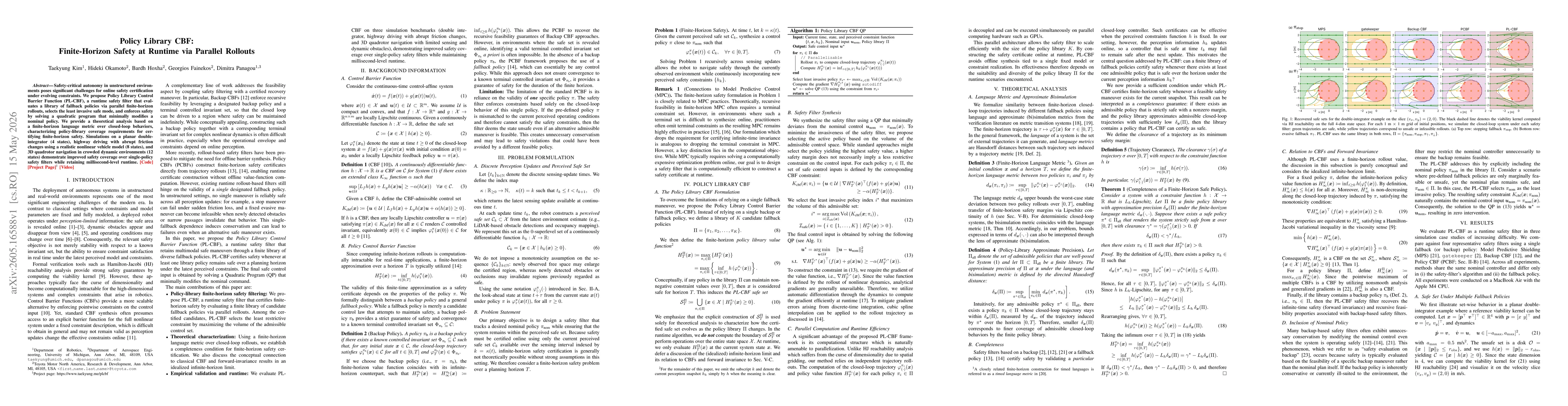 Thumbnail for Policy Library CBF: Finite-Horizon Safety at Runtime via Parallel Rollouts