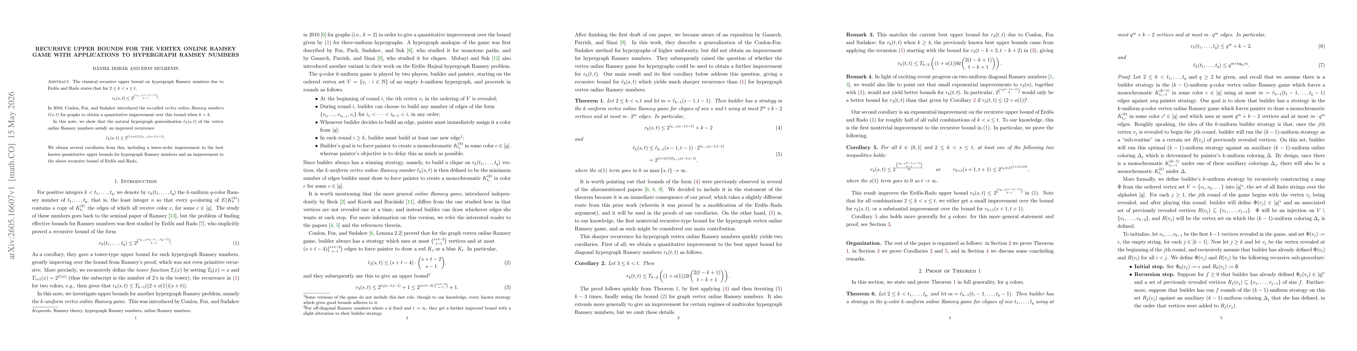 Thumbnail for Recursive upper bounds for the vertex online Ramsey game with applications to hypergraph Ramsey numbers