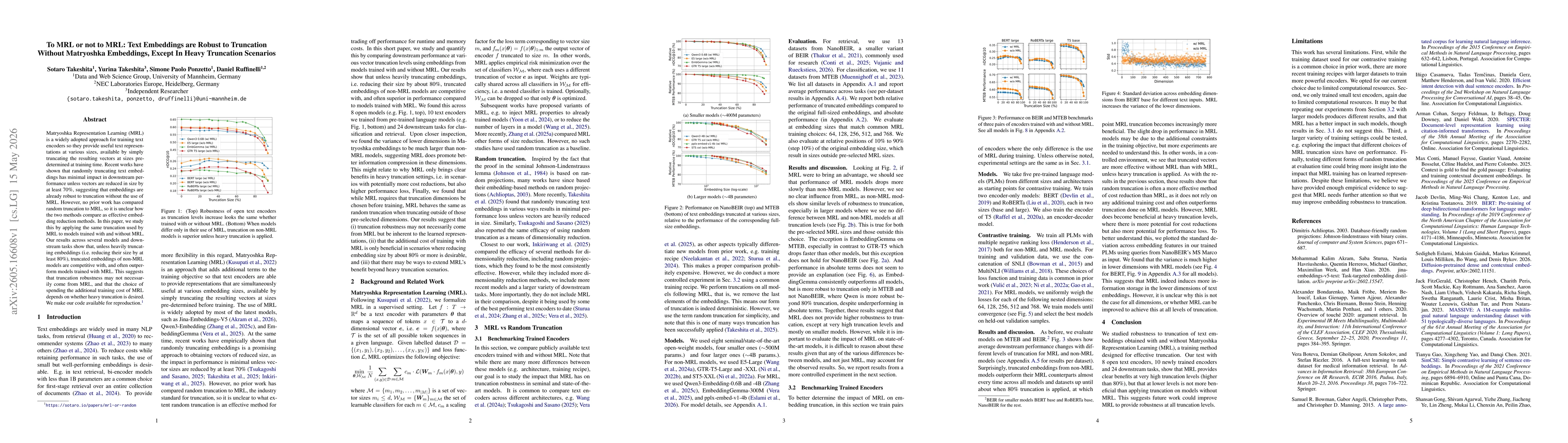 Thumbnail for To MRL or not to MRL: Text Embeddings are Robust to Truncation Without Matryoshka Embeddings, Except In Heavy Truncation Scenarios