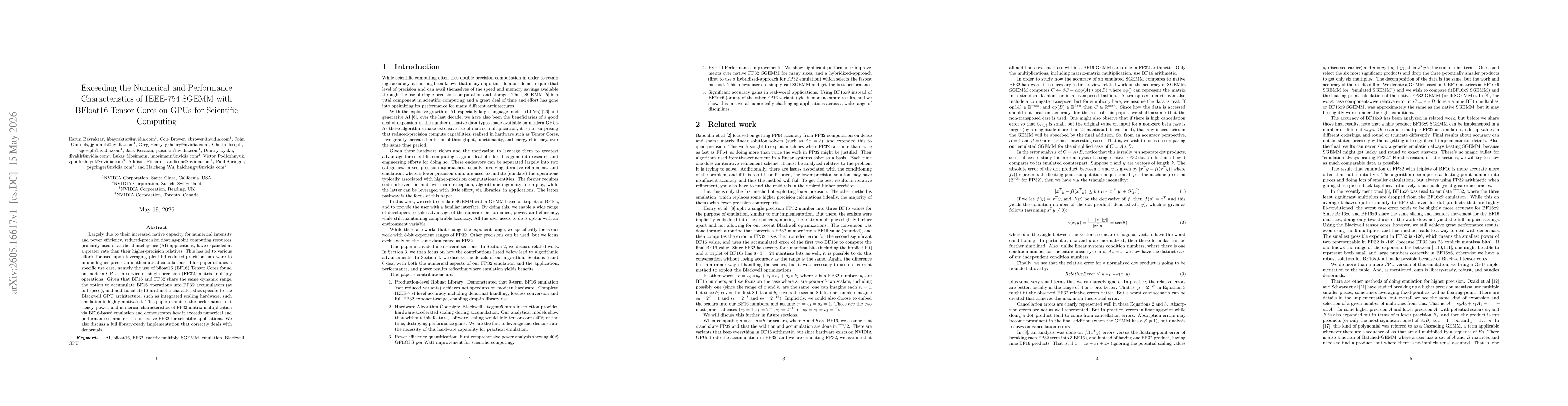 Thumbnail for Exceeding the Numerical and Performance Characteristics of IEEE-754 SGEMM with BFloat16 Tensor Cores on GPUs for Scientific Computing