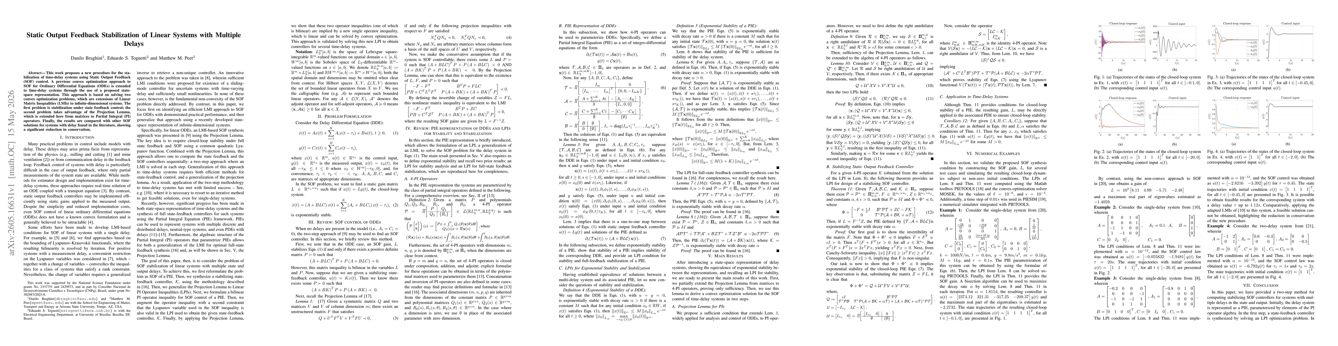Thumbnail for Static Output Feedback Stabilization of Linear Systems with Multiple Delays