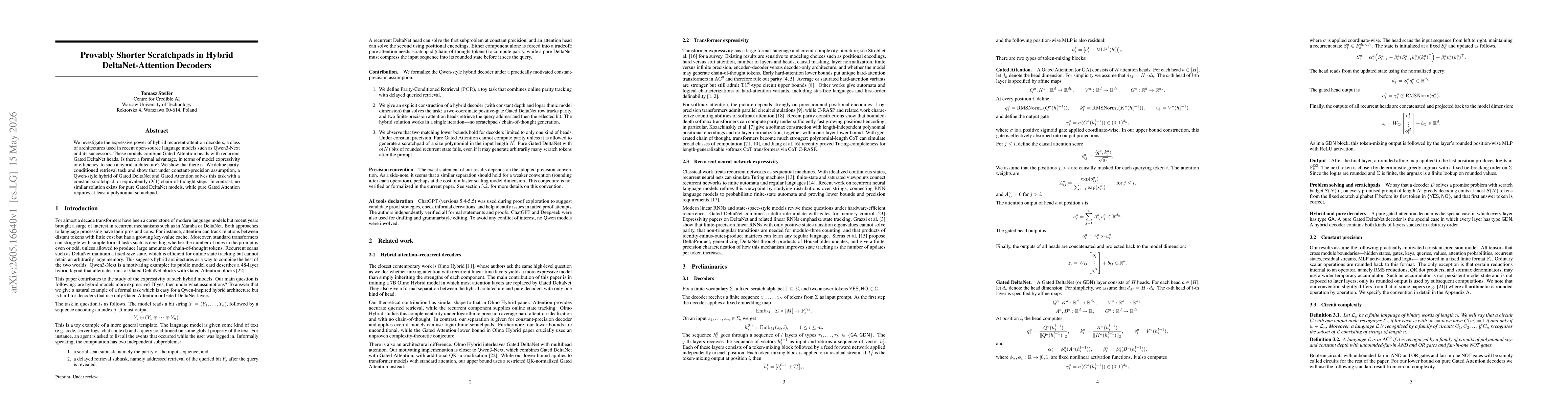 Thumbnail for Provably Shorter Scratchpads in Hybrid DeltaNet-Attention Decoders