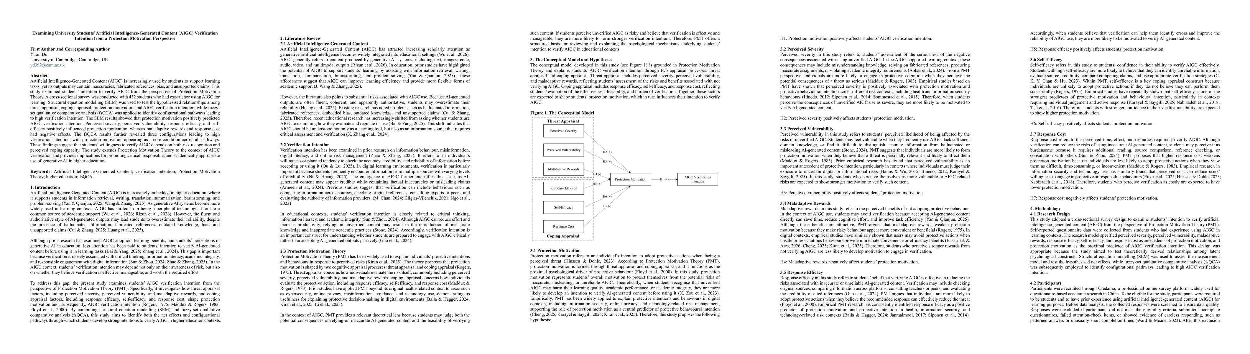 Thumbnail for Examining University Students' Artificial Intelligence-Generated Content (AIGC) Verification Intention from a Protection Motivation Perspective