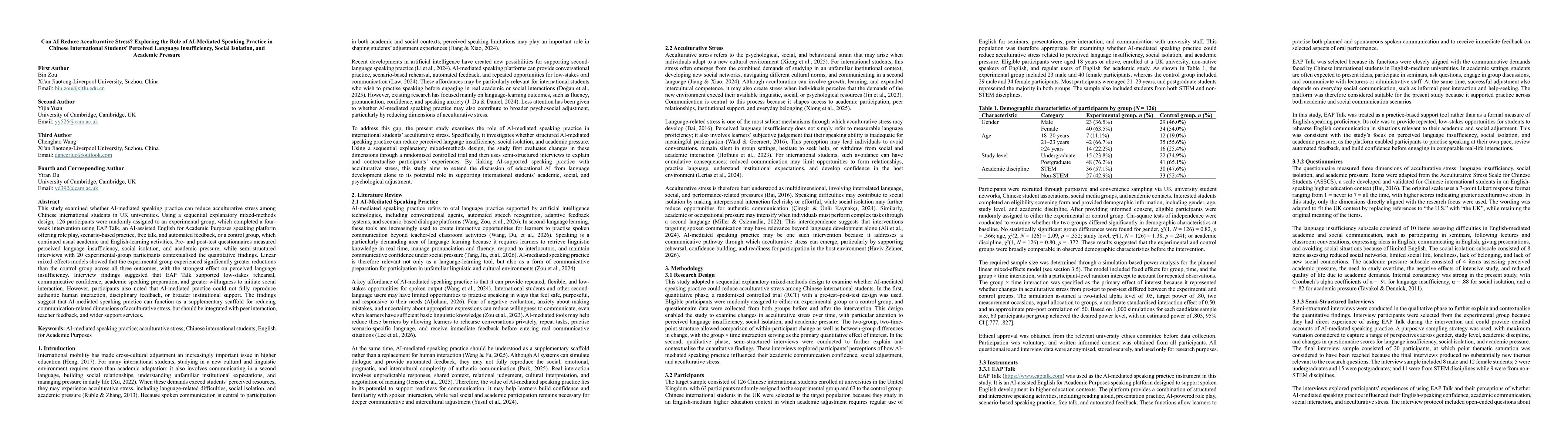 Thumbnail for Can AI Reduce Acculturative Stress? Exploring the Role of AI-Mediated Speaking Practice in Chinese International Students' Perceived Language Insufficiency, Social Isolation, and Academic Pressure