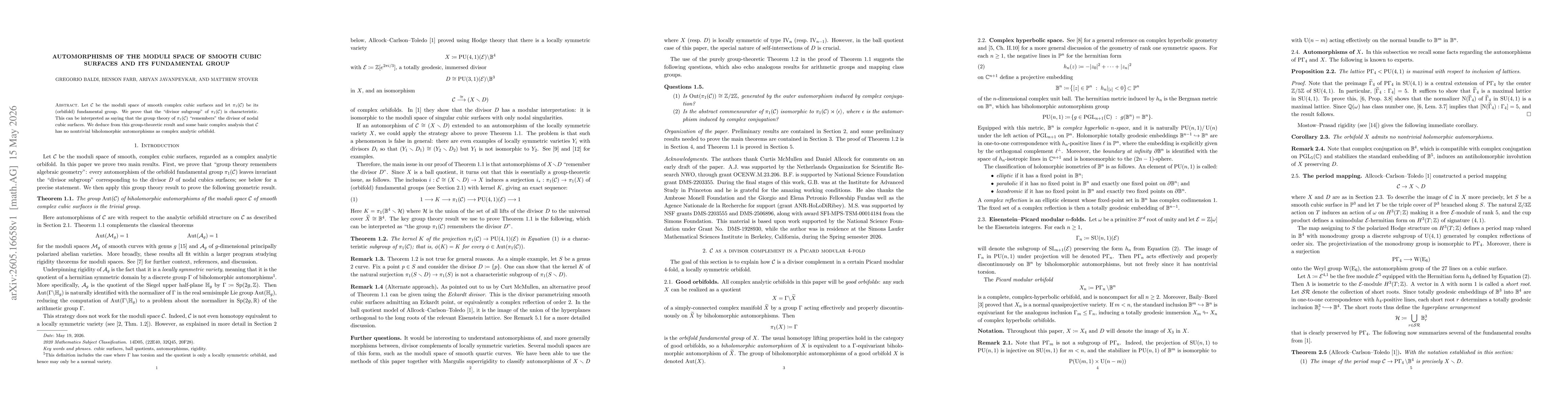 Thumbnail for Automorphisms of the moduli space of smooth cubic surfaces and its fundamental group