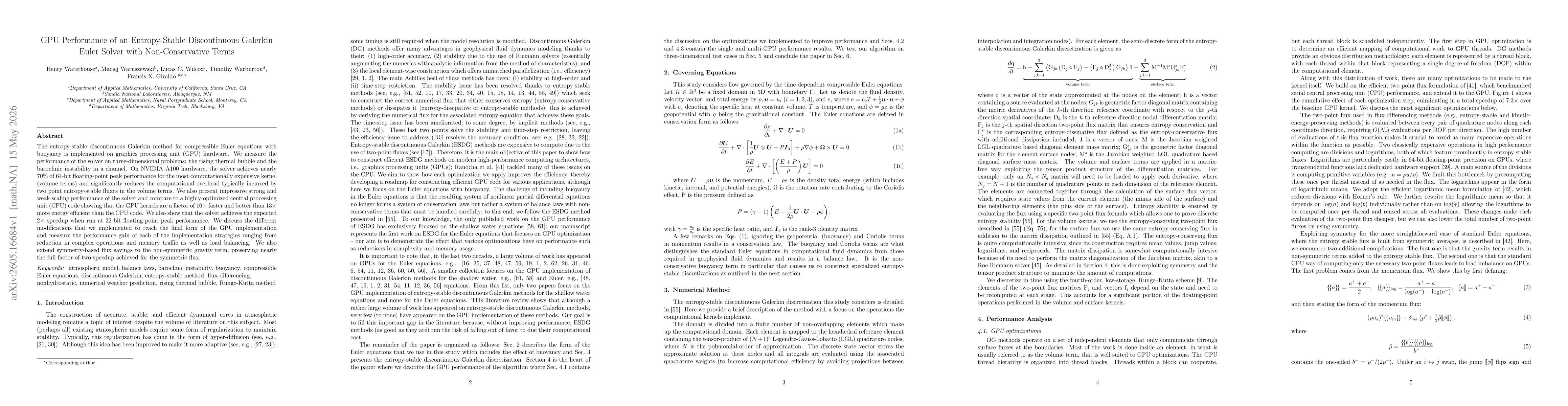 Thumbnail for GPU Performance of an Entropy-Stable Discontinuous Galerkin Euler Solver with Non-Conservative Terms