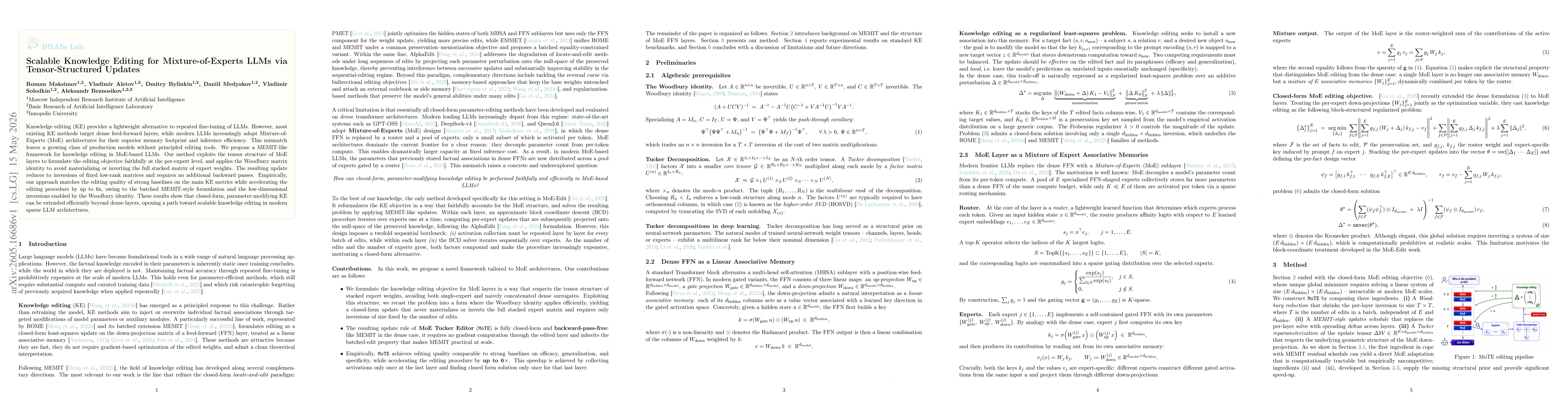 Thumbnail for Scalable Knowledge Editing for Mixture-of-Experts LLMs via Tensor-Structured Updates