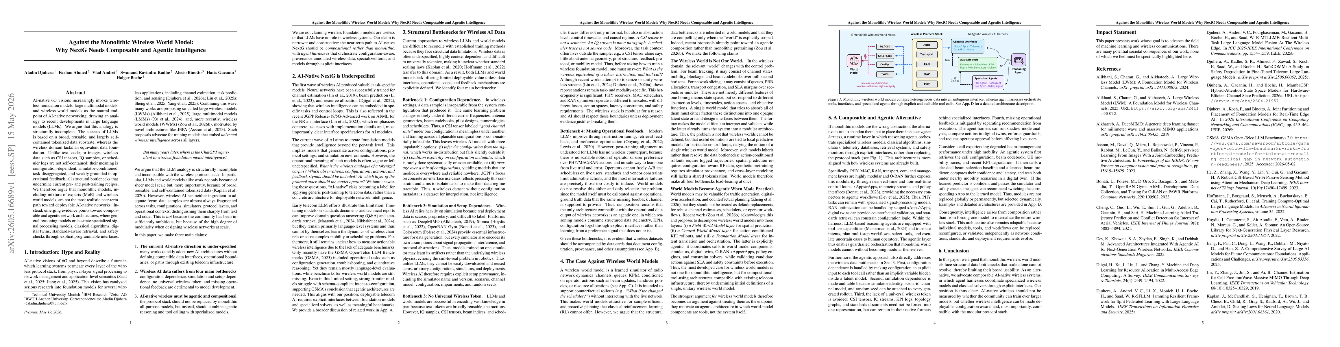 Thumbnail for Against the Monolithic Wireless World Model: Why NextG Needs Composable and Agentic Intelligence