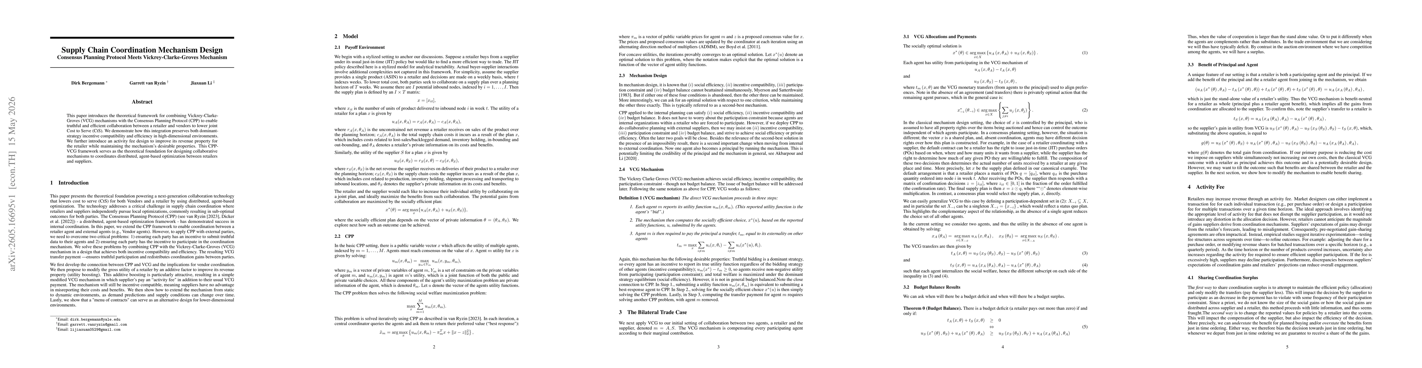 Thumbnail for Supply Chain Coordination Mechanism Design: Consensus Planning Protocol Meets Vickrey-Clarke-Groves Mechanism
