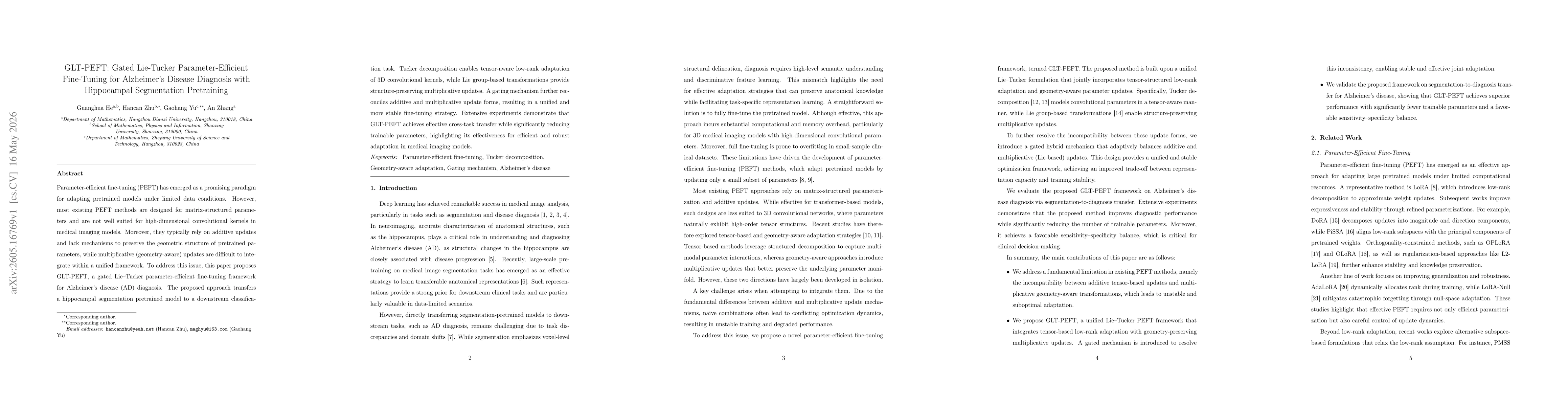 Thumbnail for GLT-PEFT: Gated Lie-Tucker Parameter-Efficient Fine-Tuning for Alzheimer's Disease Diagnosis with Hippocampal Segmentation Pretraining