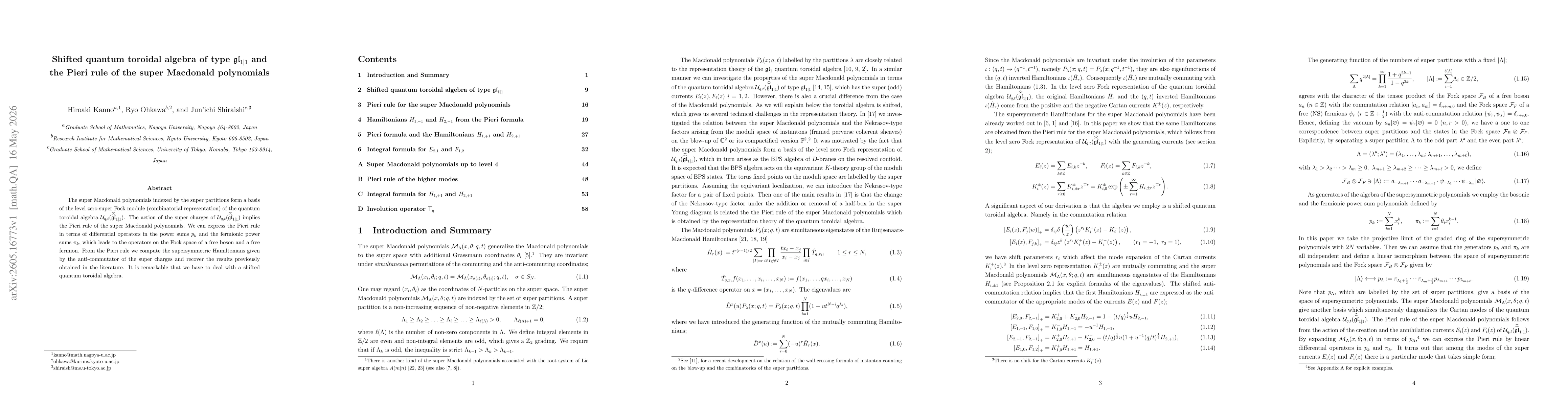 Thumbnail for Shifted quantum toroidal algebra of type $\mathfrak{gl}_{1|1}$ and the Pieri rule of the super Macdonald polynomials