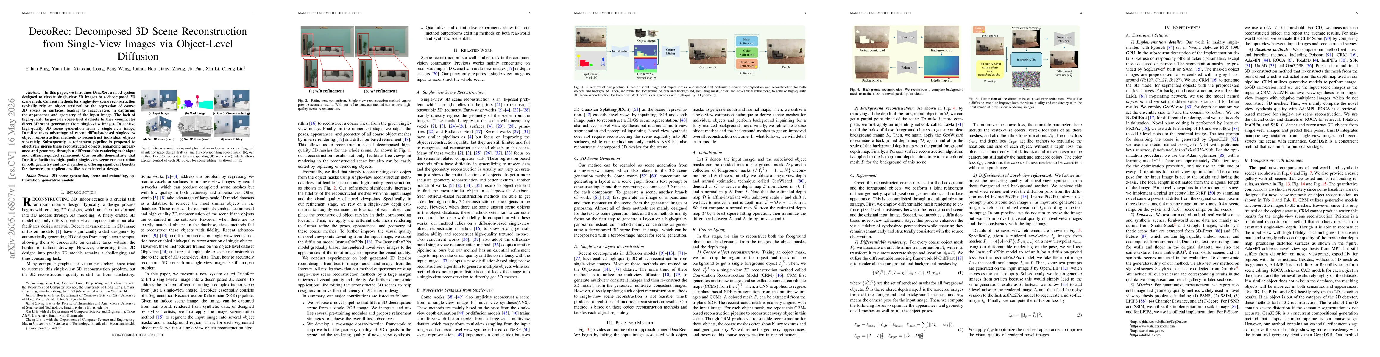 Thumbnail for DecoRec: Decomposed 3D Scene Reconstruction from Single-View Images via Object-Level Diffusion