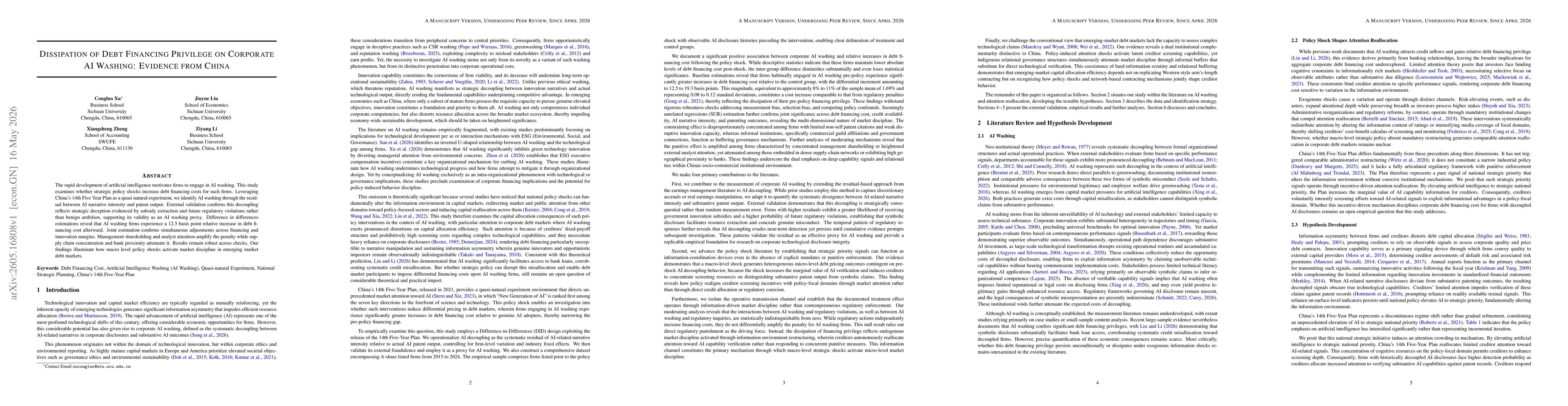 Thumbnail for Dissipation of Debt Financing Privilege on Corporate AI Washing: Evidence from China